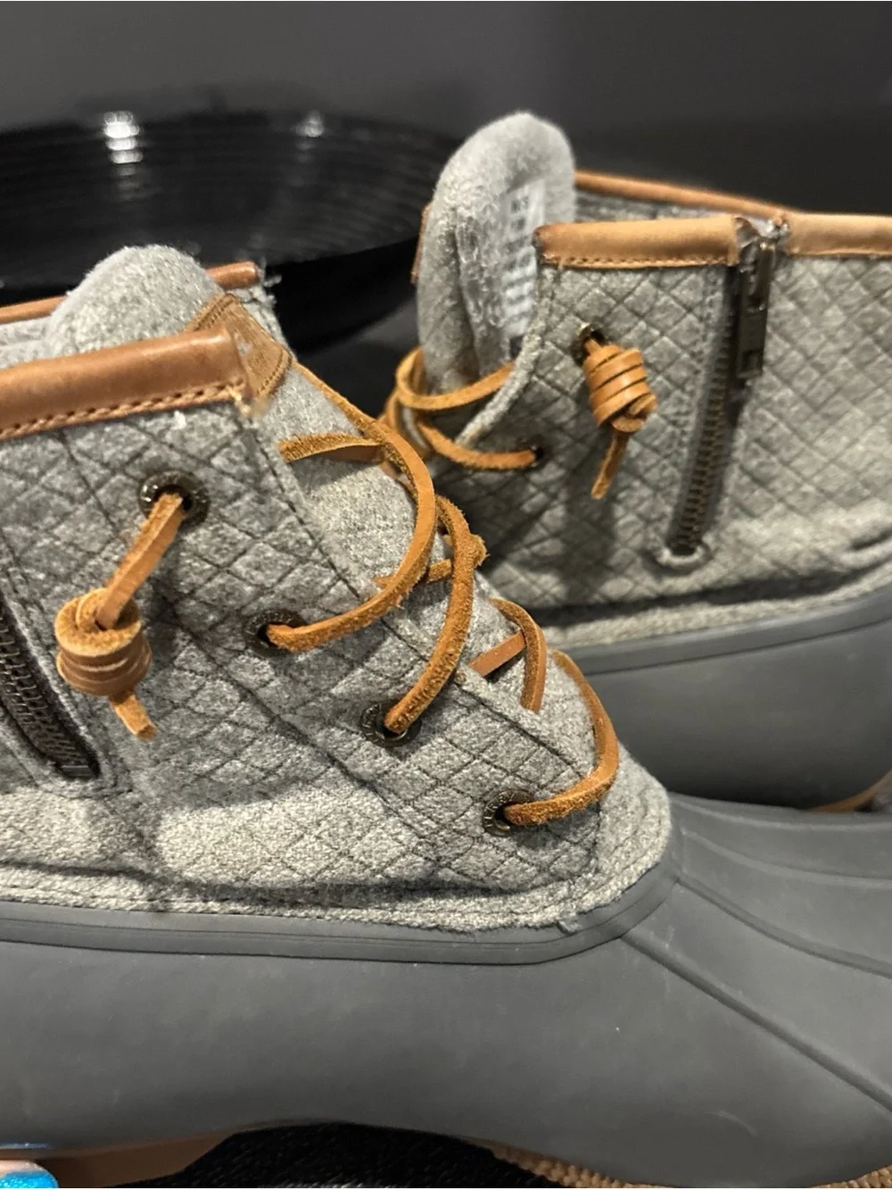 Sperry Gray and Tan Quilted Duck Boots